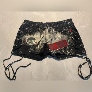 Tripp Nyc Punk Splatter Skull Patch Lace-Up Shorts